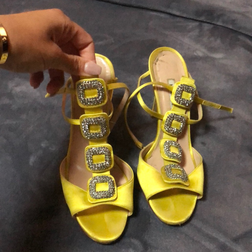Manolo Blahnik Yellow Suw Jeweles Satin Sandals